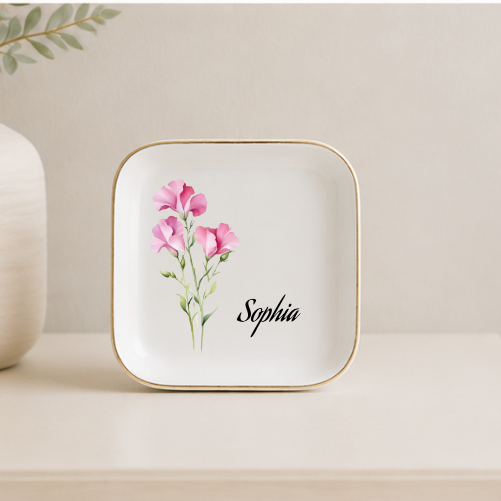 Custom Birth Flower Jewelry Dish with Name | Personalized Trinket Tray Gift for Her