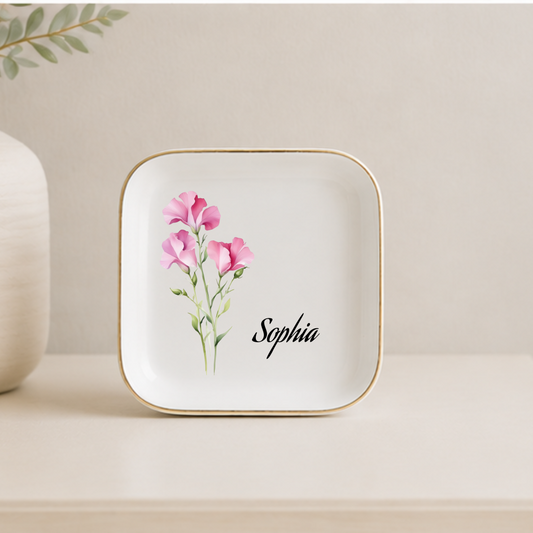 Custom Birth Flower Jewelry Dish with Name | Personalized Trinket Tray Gift for Her