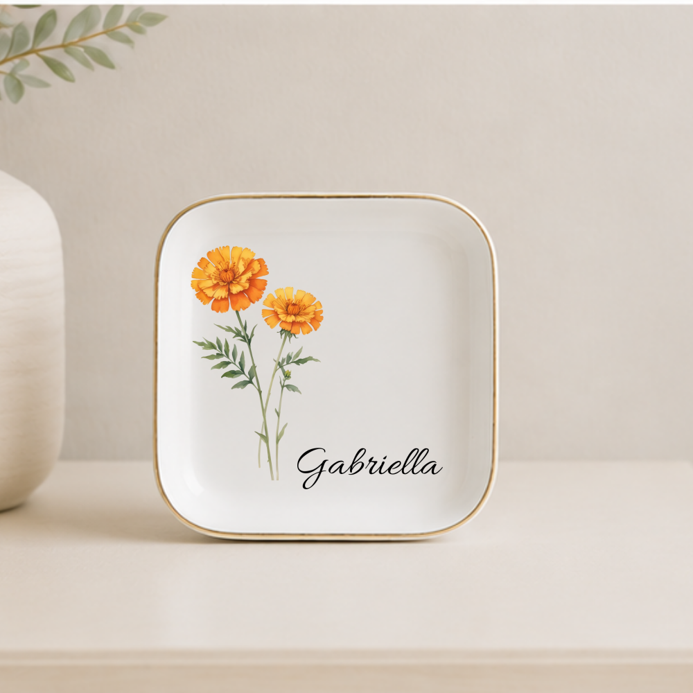 Personalized Birth Flower Jewelry Dish, Custom Name Trinket Tray,  Gold Trim Ceramic Keepsake Gift for Her