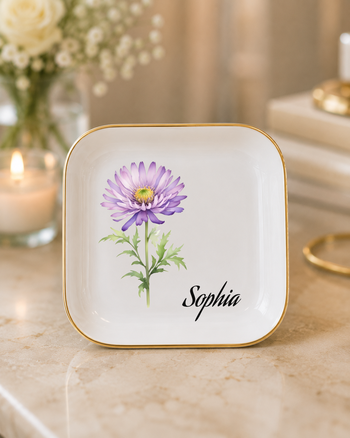 Custom Birth Flower Jewelry Dish with Name | Personalized Trinket Tray Gift for Her