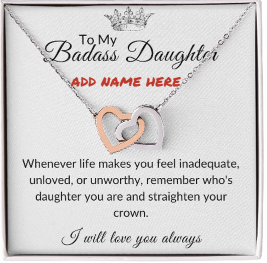 Badass Daughter | Interlocking Hearts Necklace (Customizable Name)