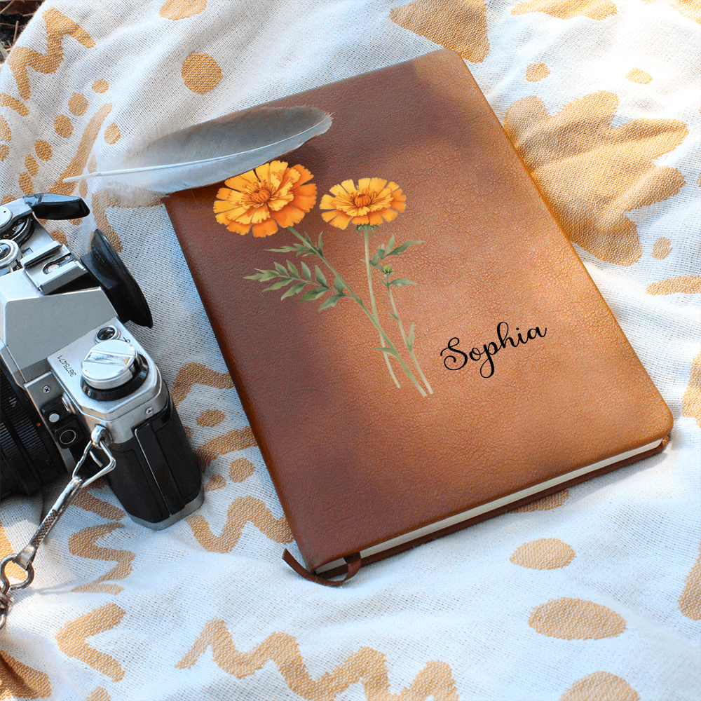 Personalized Birth Month Flower Journal, Custom Name Notebook, Vegan Leather Journal, Lined Writing Book, Thoughtful Gift for Any Occasion