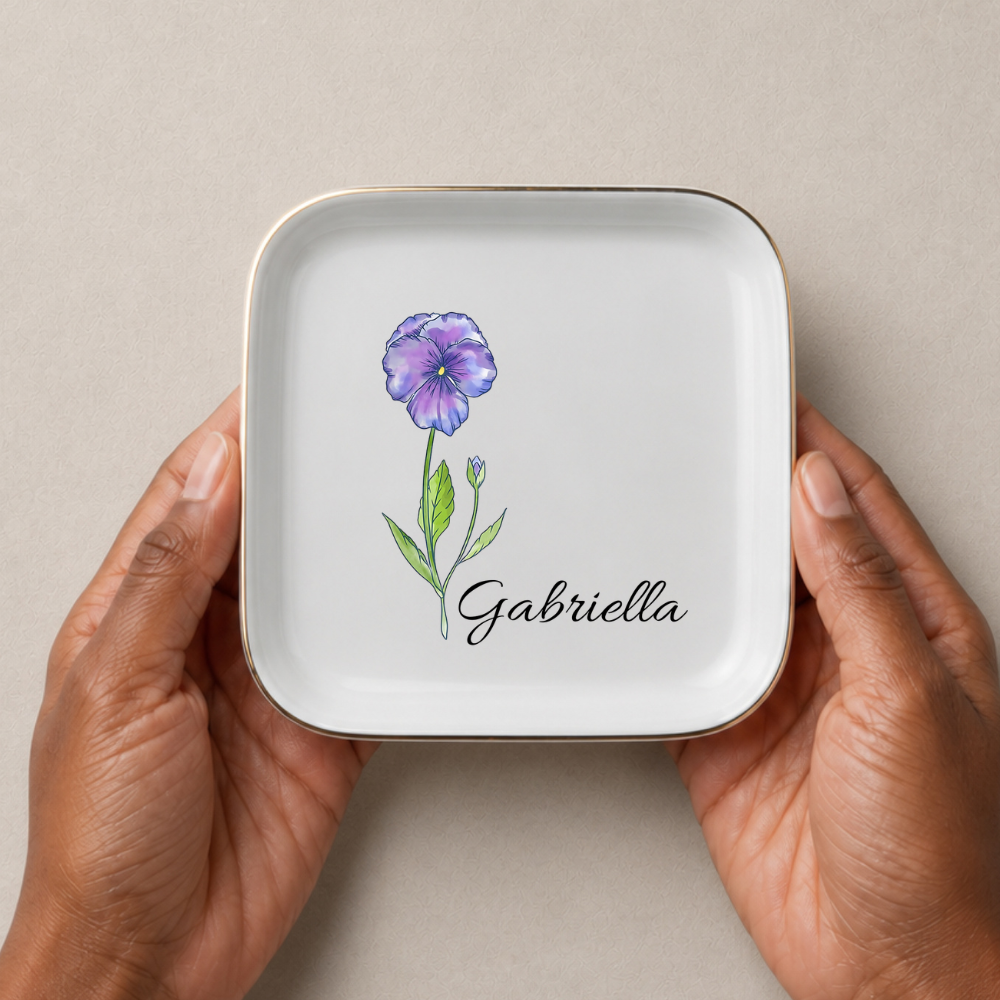 Personalized Birth Flower Jewelry Dish, Custom Name Trinket Tray,  Gold Trim Ceramic Keepsake Gift for Her