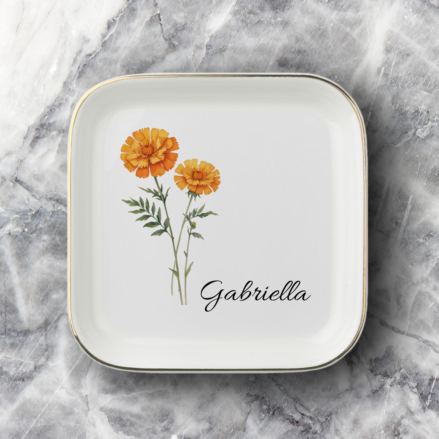 Personalized Birth Flower Jewelry Dish, Custom Name Trinket Tray,  Gold Trim Ceramic Keepsake Gift for Her